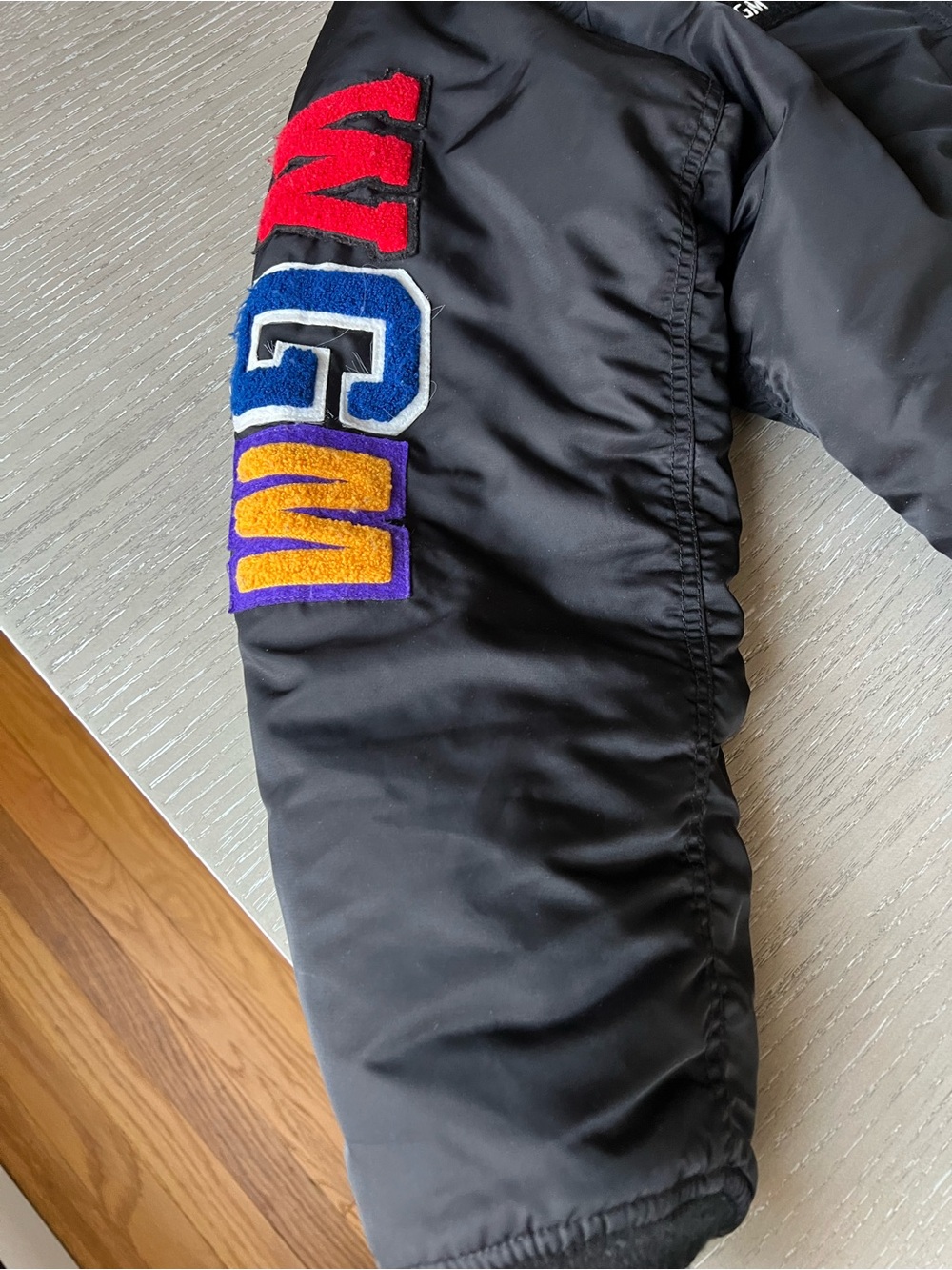 Bape Black Bomber Jacket with Multicolor WGM Sleeve and Tiger Arm Patch - Picture 3 of 7